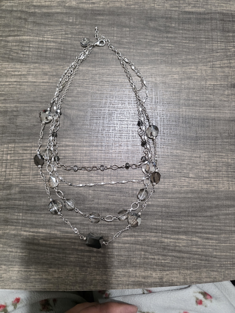 Multi-Strand Silver Tone Necklace with Smoky Crystal Beads